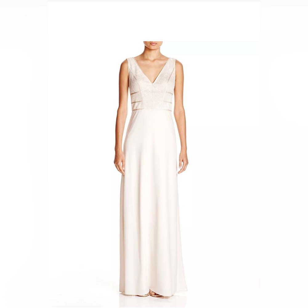 AIDAN MATTOX ~ Beige Chiffon Sleeveless Double V Lace Formal Gown size 0